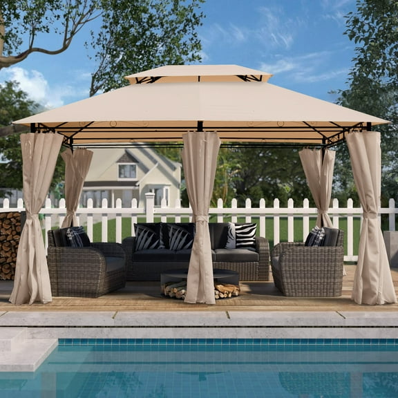 Coowa Khaki Outdoor Patio Gazebo Canopy Tent with Ventilated Double Roof and Mosquito Net, 13x10 Ft