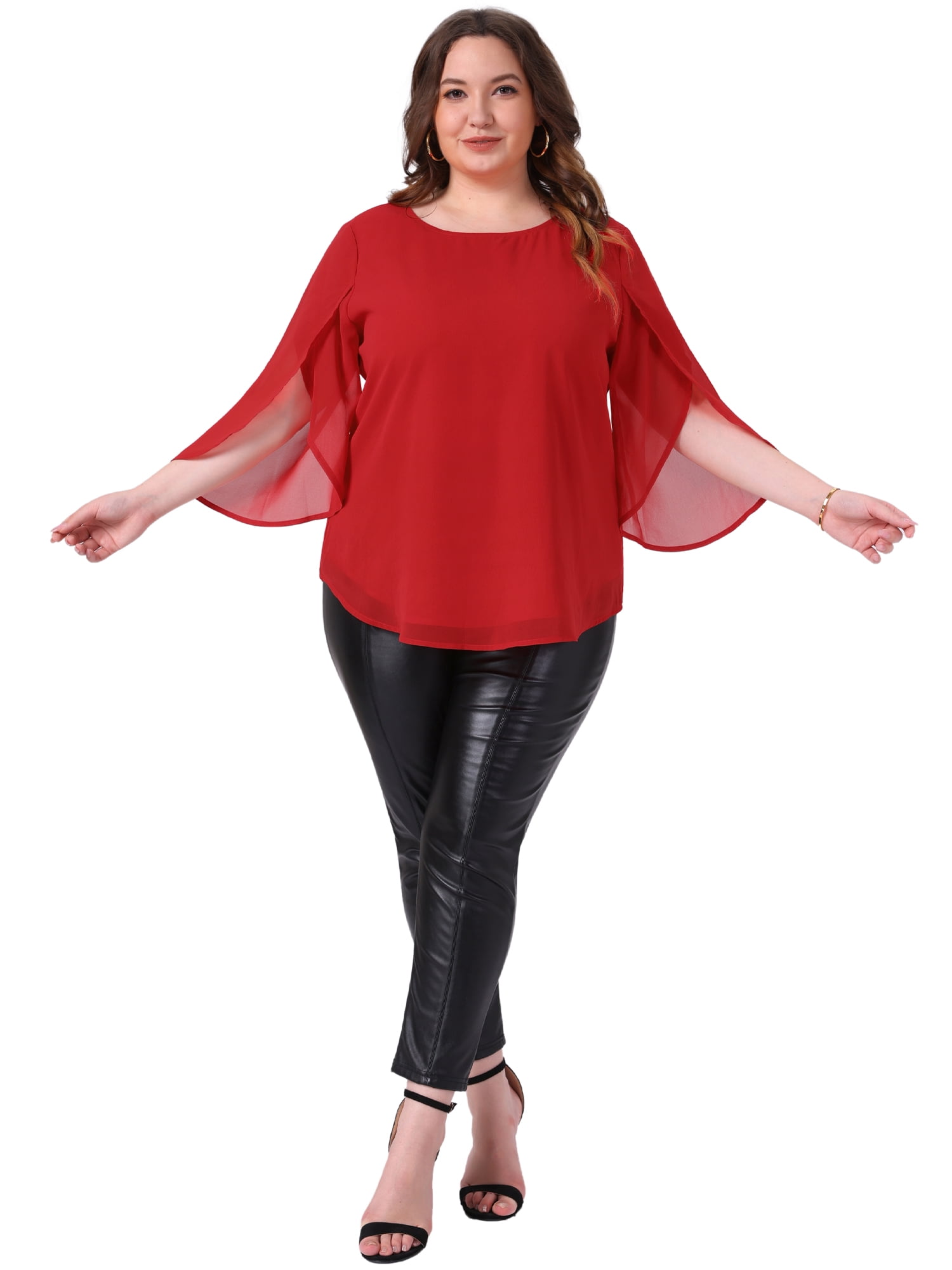Women's Plus Blouses with Flutter Petal Half Sleeve Chiffon Top 4X Red