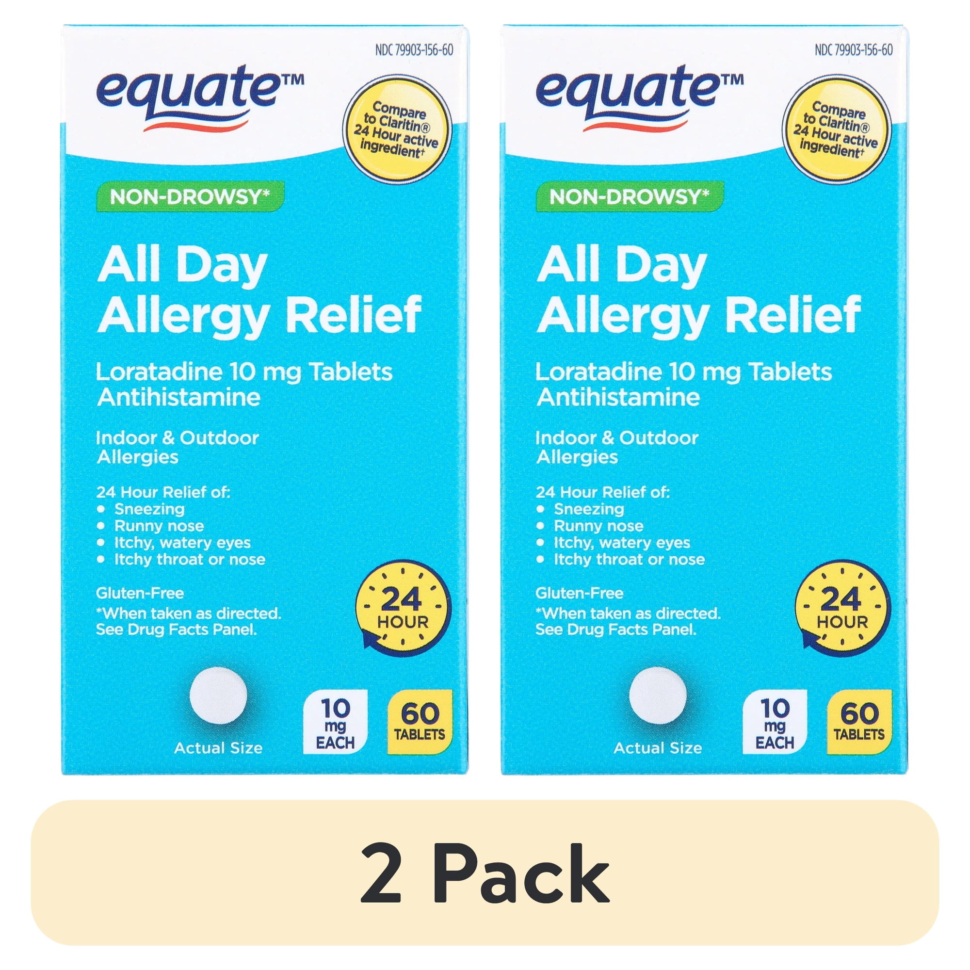 (2 pack) Equate Non-Drowsy All Day Allergy Relief Loratadine 10 mg Tablets, 60 Count