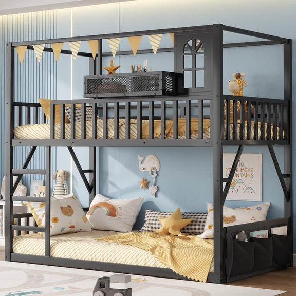 HOQBN Floor Bunk Bed Twin Over Twin,Metal Low Bunk Bed Frame with Storage Shelves and Storage Bag,Black