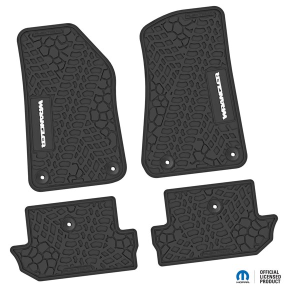 Flextread Floor Mats for 18-24 Jeep Wrangler JL 2-Door - Mopar Licensed Factory Fit - Black w/ White Wrangler Insert - 100% Made in USA