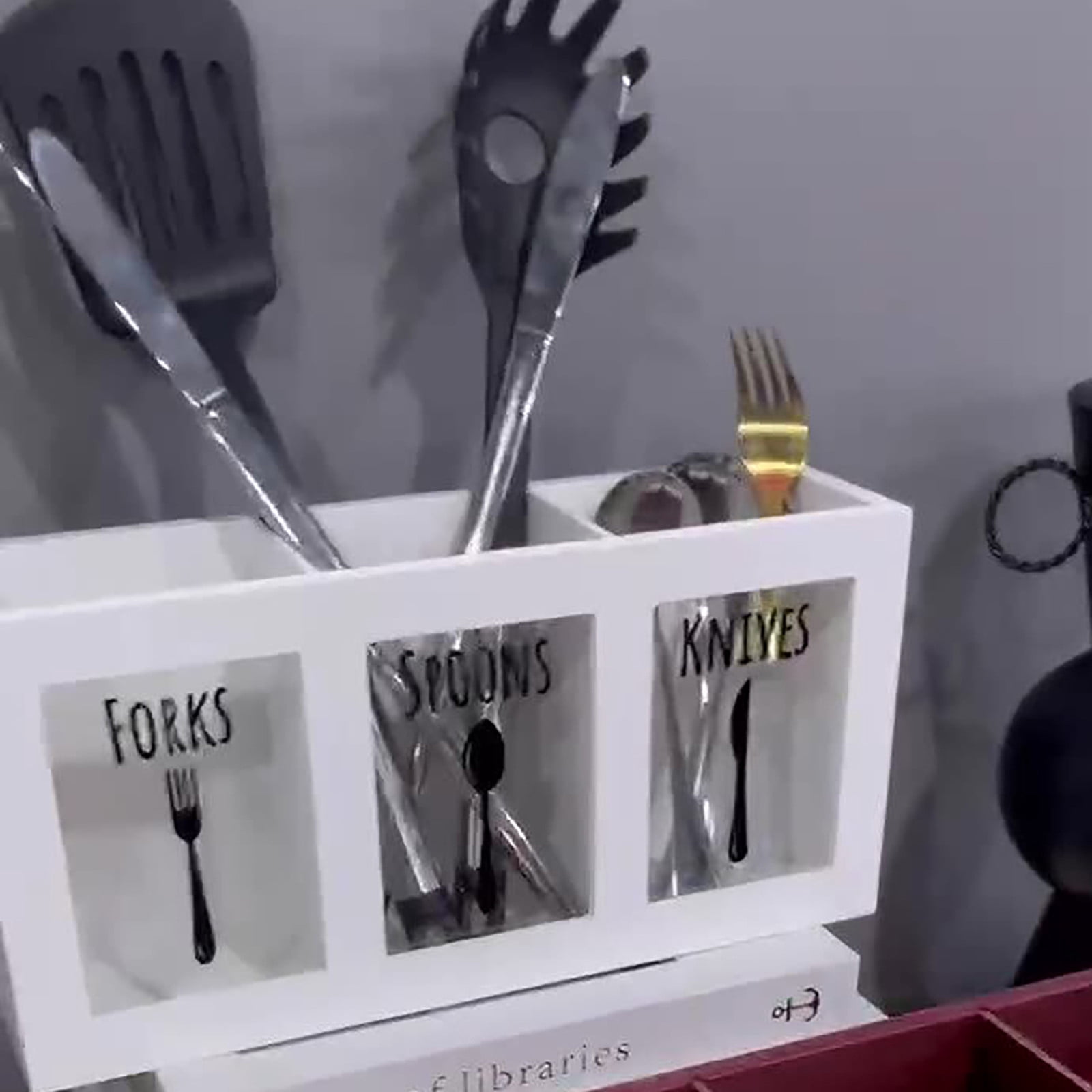 Wood Flatware Organizer, Rustic Utensil & Silverware Holder for Forks, Spoons, Knives, Farmhouse Kitchen Cutlery Caddy Bin Countertop