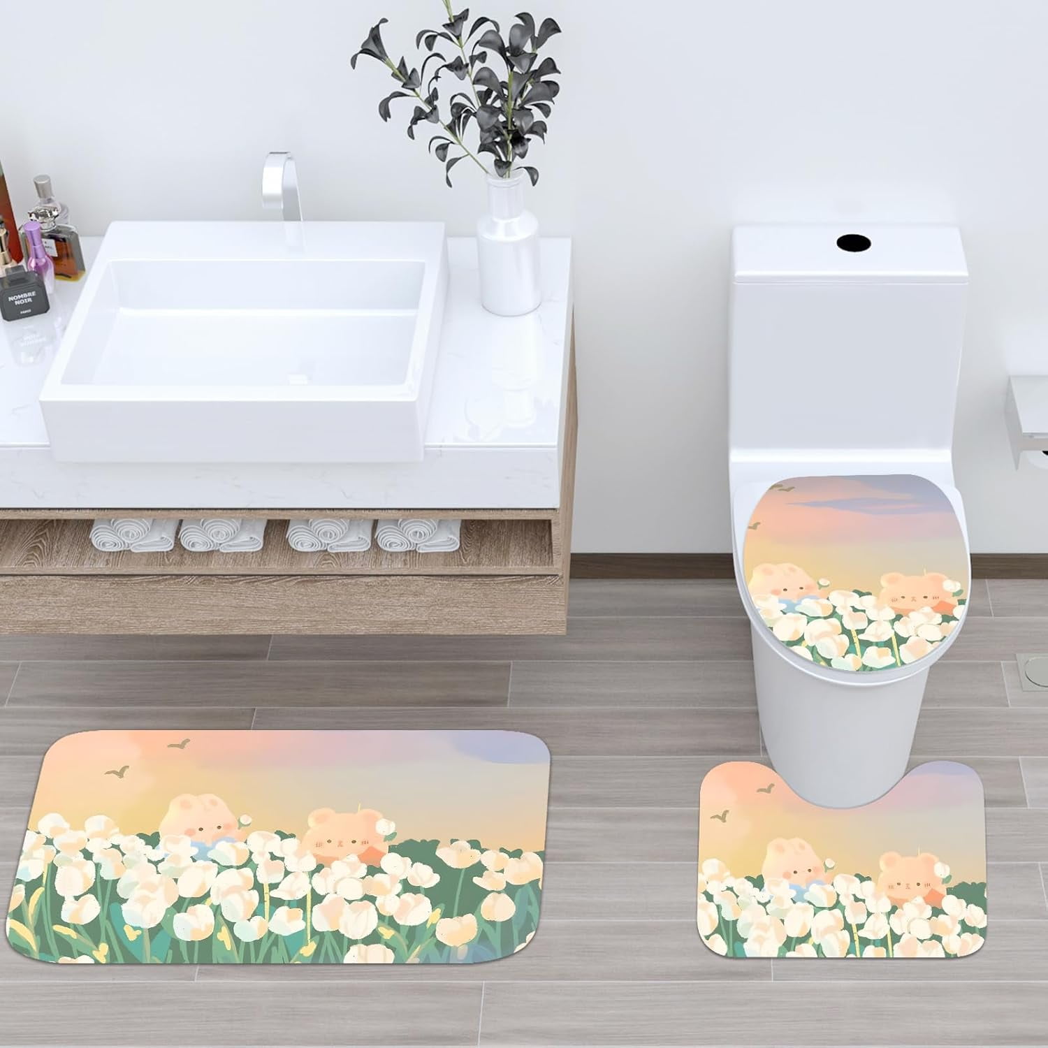 4 Pieces Cartoon Bear Shower Curtain Set Kawaii Bathroom Accessories, Toilet Lid and Non-Slip Rugs,Cute Waterproof Shower Curtain Bathroom Accessories Sets Home Decor,12 Hooks,72 x 72 Inches