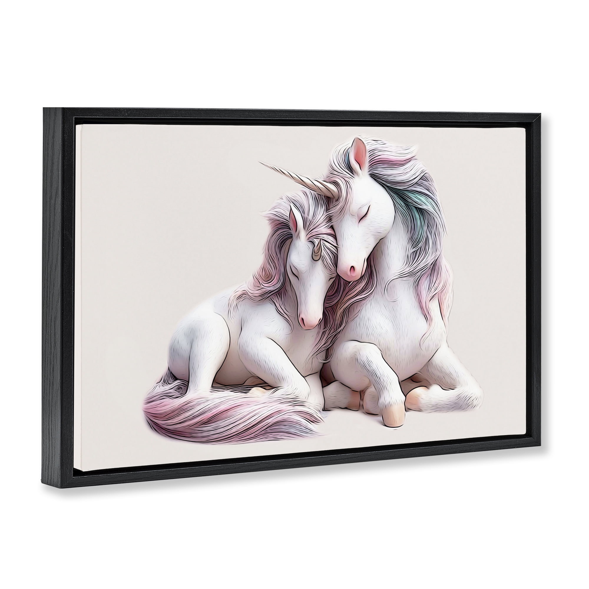 Stupell Industries Hugging Unicorn Pair Animals & Insects Painting Black Floater Framed Art Print Wall Art, 31 x 21
