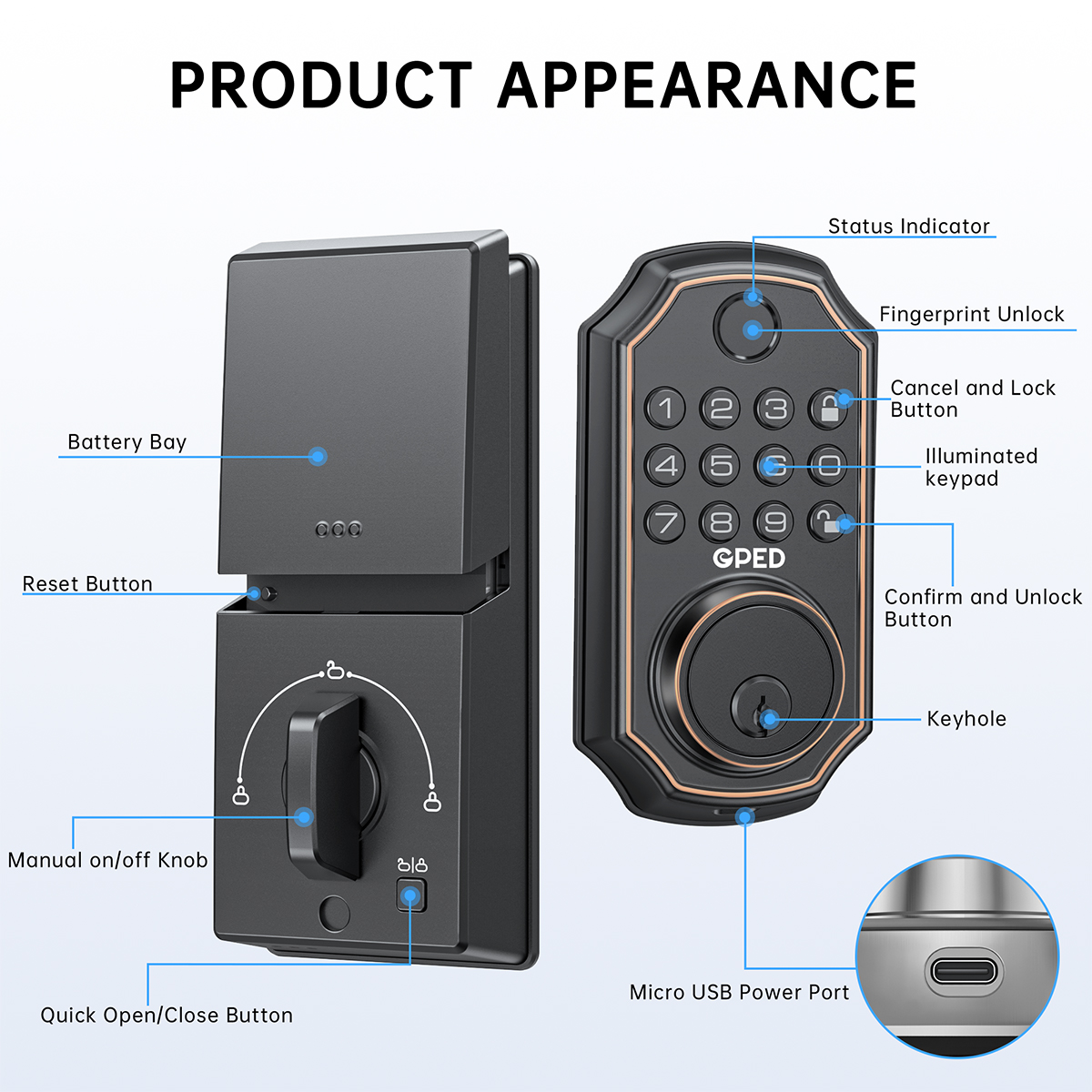 GPED Fingerprint Door Lock Keyless Entry Black photo 3