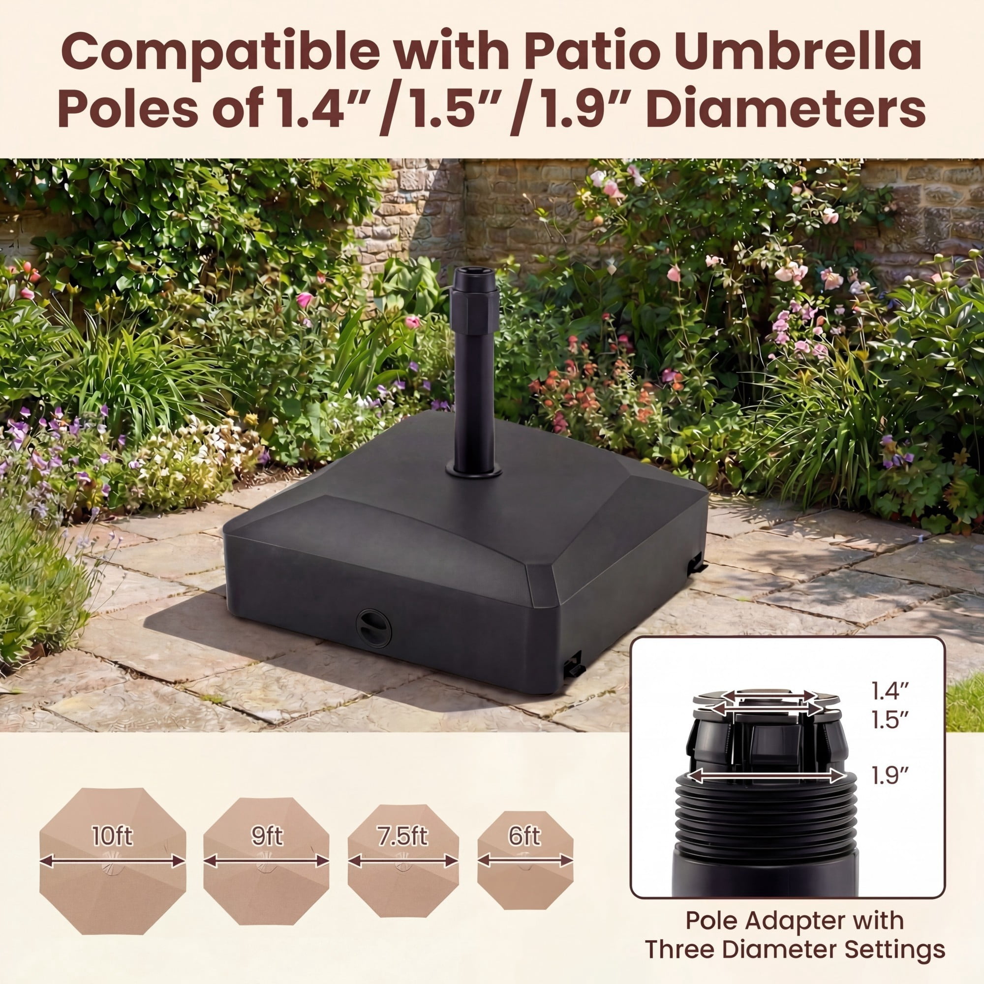 ELLEGNT Fillable Patio Umbrella Base - 176 lbs, 4 Mobile Wheels + 2 Locks, Fits 1.4-1.9" Pole
