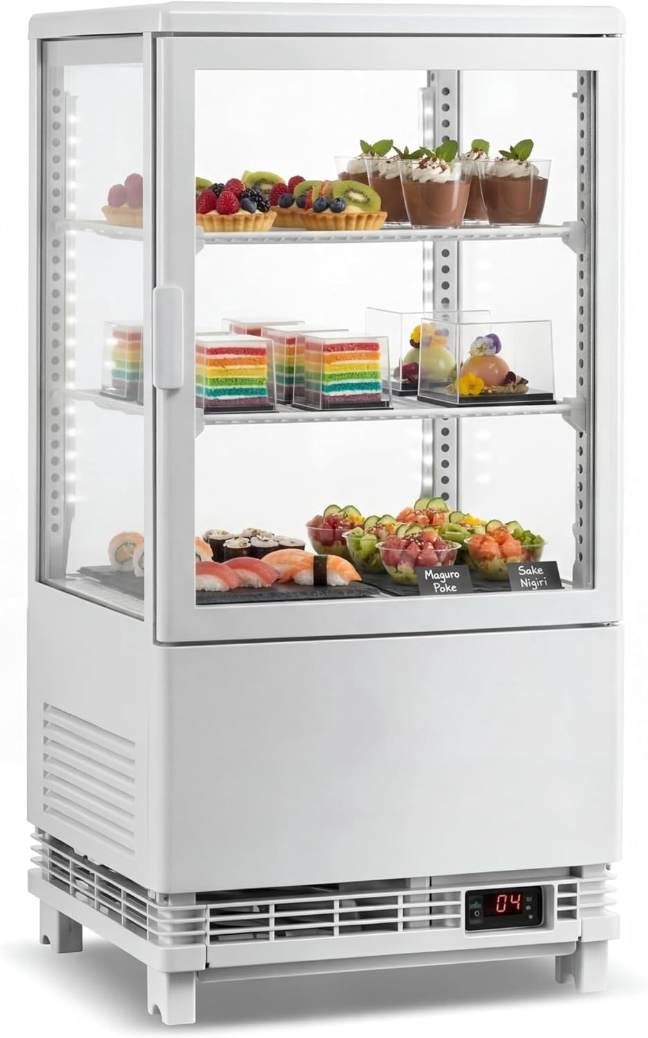 IdealHouse Commercial Countertop Display Refrigerator, 2.0 Cu.Ft Pastry Display Case with LED Lighting, Air Cooling, Rear Sliding Doors, Adjustable Shelves, Auto Defrost for Bakery, Cafe