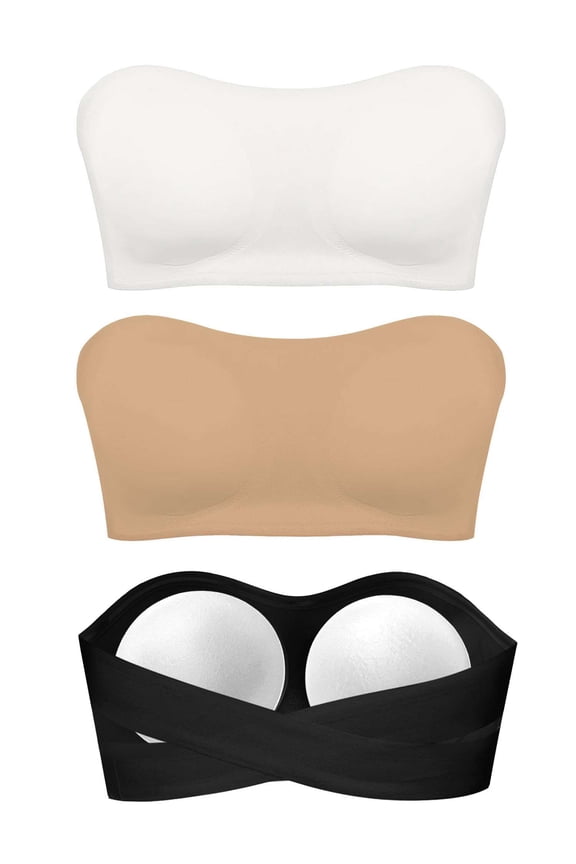 3 Pack Strapless Bra for Women Crossover Side Closure Non-Slip Silicone Padded Bandeau Bras Wireless Tube Top Bra (Multicolor, M)