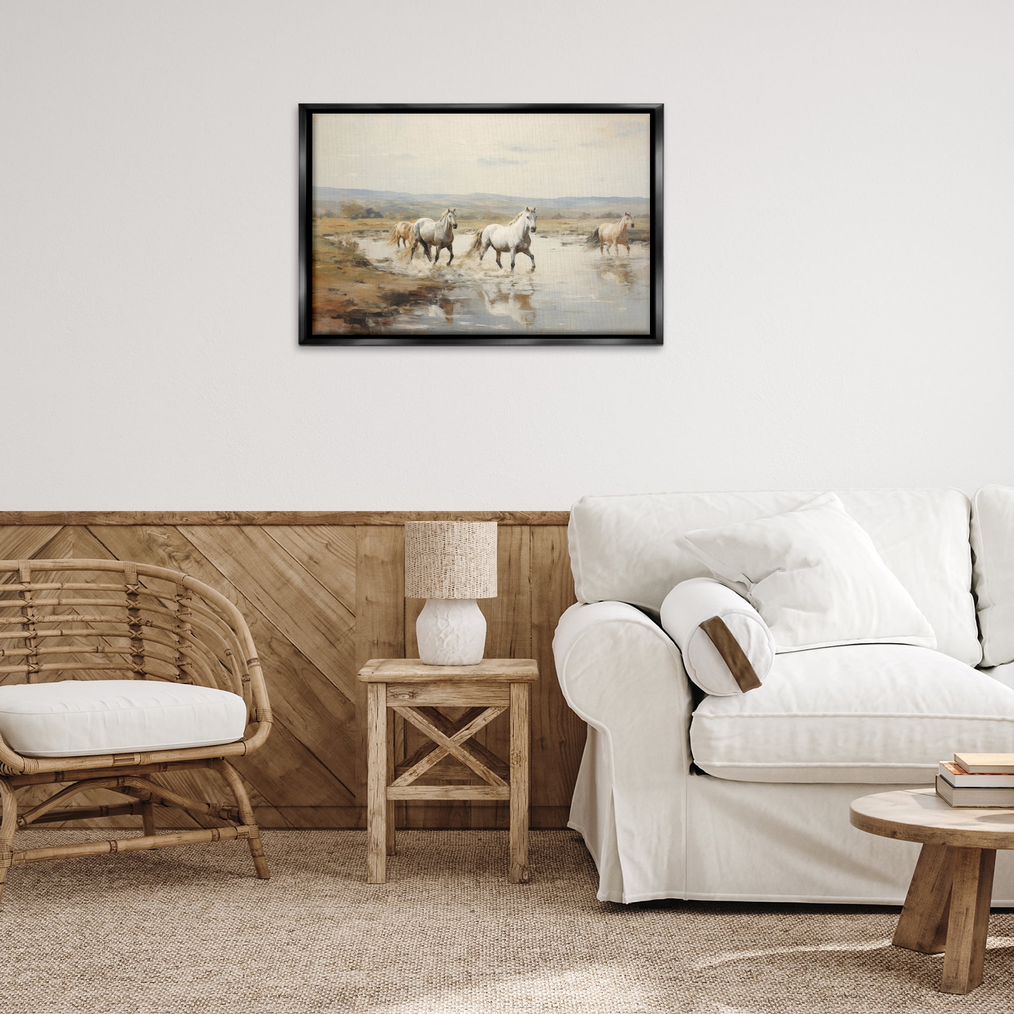 Stupell Industries Free Horses Running Landscape Painting Black Floater Framed Canvas Art Print Wall Art, 31 x 21