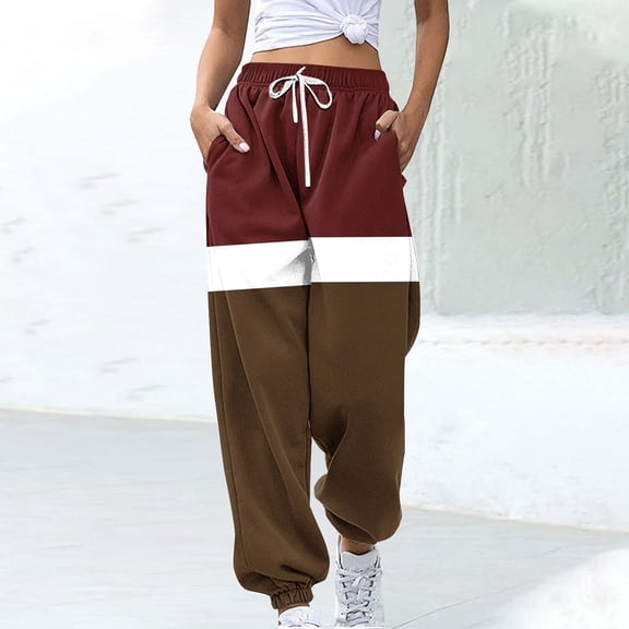 ctdiral Sweatpants for Women Fall Stripe Color Block Workout Long Pants High Waisted Drawstring Sweatpant with Pockets Comfy Loose Fit Lounge Jogger Pants Brown M