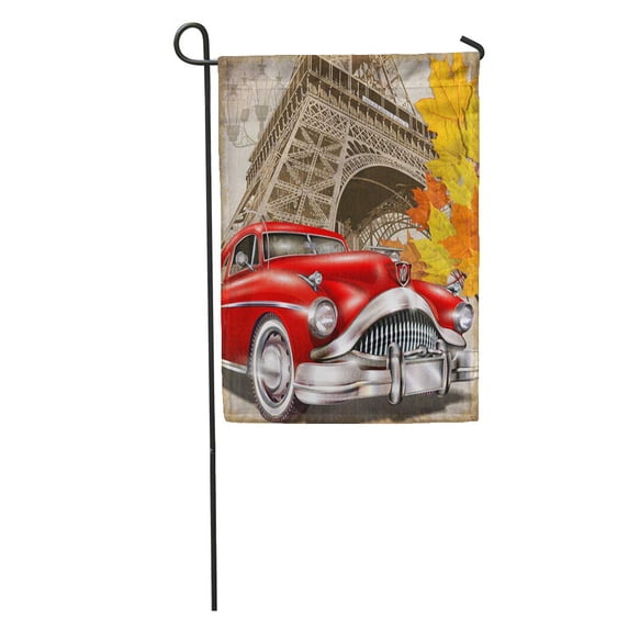 LADDKE Yellow Car Paris Vintage Collage Fashioned Old Visiting 1950S 1960S Garden Flag Decorative Flag House Banner 12x18 inch