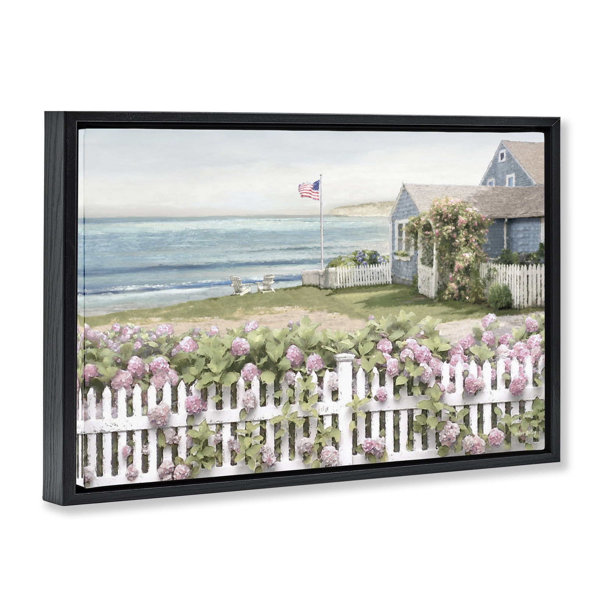 Stupell Industries Coastal Bay Cottage Landscape & Nature Painting Black Floater Framed Canvas Art Print Wall Art, 31 x 21