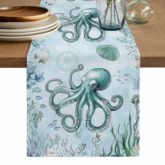 Coastal Octopus Table Runner, Cyan Nautical Fish Shells Seaweeds Washable Cotton Linen Table Runners 90 Inches Long, Dresser Scarf Runner for Dining/Coffee/Kitchen/Hallway Tables 13''x90''