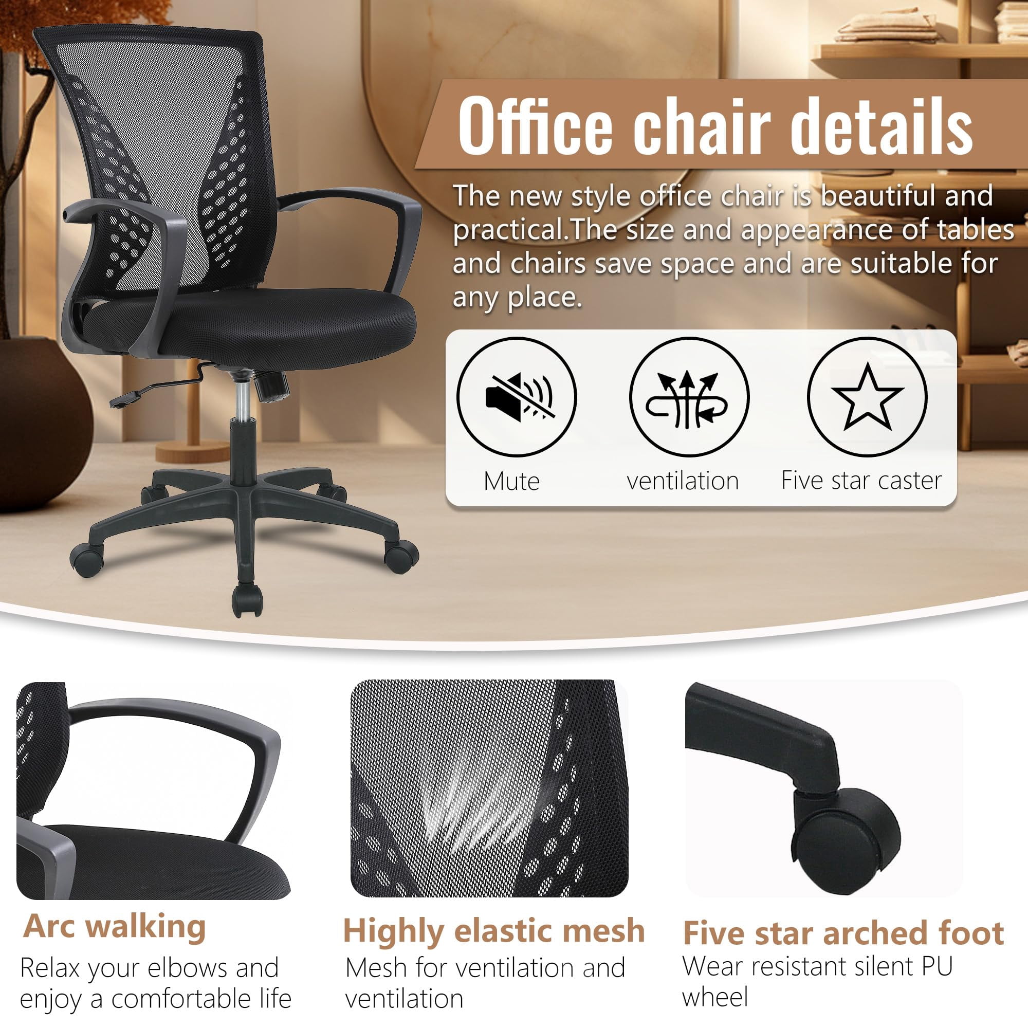 FDW Ergonomic Office Chair, Swivel Rolling, Lumbar Support for Men, Women(Black)