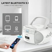 Boombox CD and Cassette Player,Casette Tape Recorder with Remote,AM FM Radio, USB Playback with Earphone Jack, 5.1V Bluetooth Speaker, Battery Operated or AC Powered for Home
