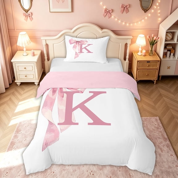 meiyoeat Pink Bow Letter K Twin Duvet Cover for Girls, Dreamy Princess Style Twin Bedding, Pink Reversible 2pcs, 1 Duvet Cover and 1 Pillowcase (No Comforter)