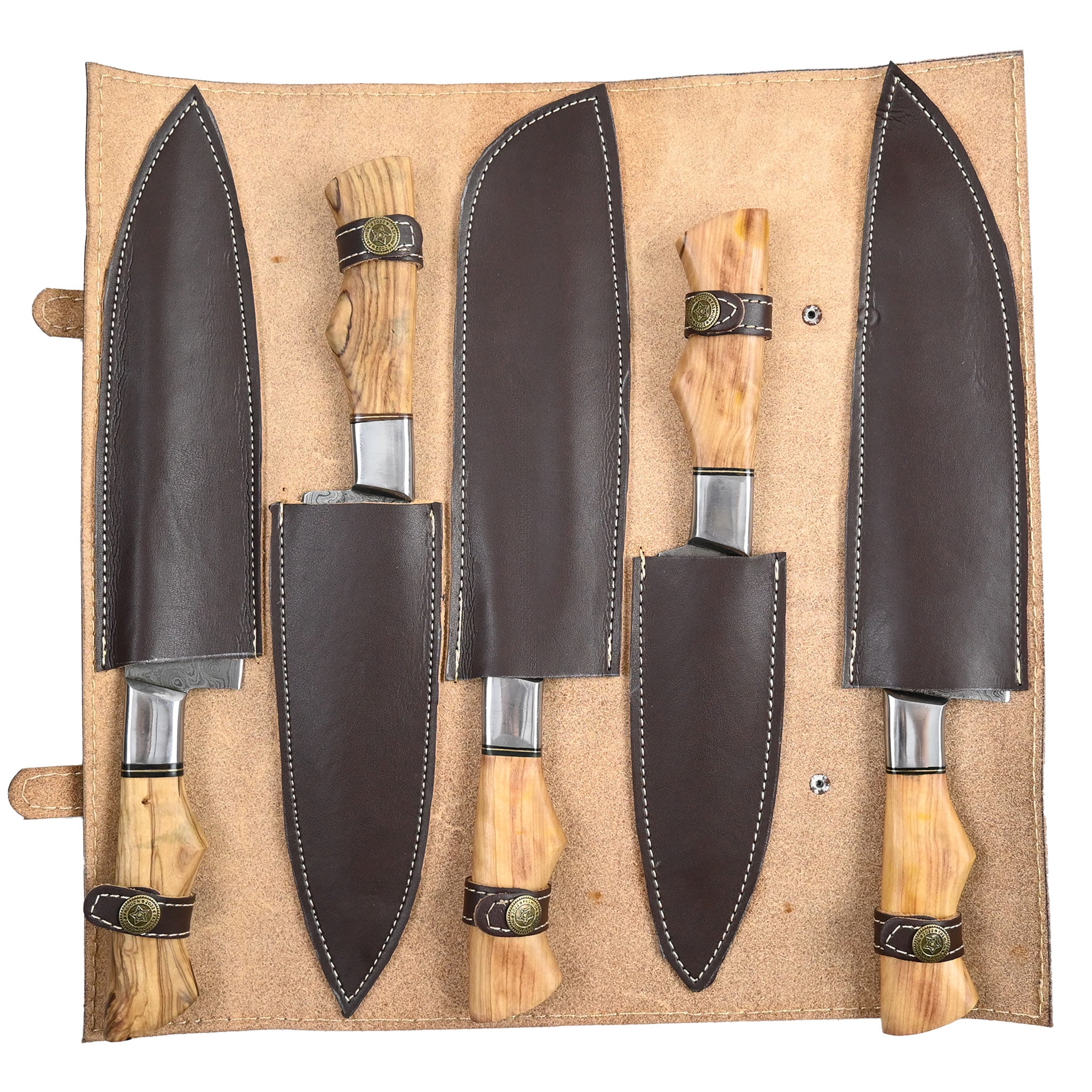 Damascus Kitchen Chef Knife Set of 5 with Olive Wood Handle & Brass Handles