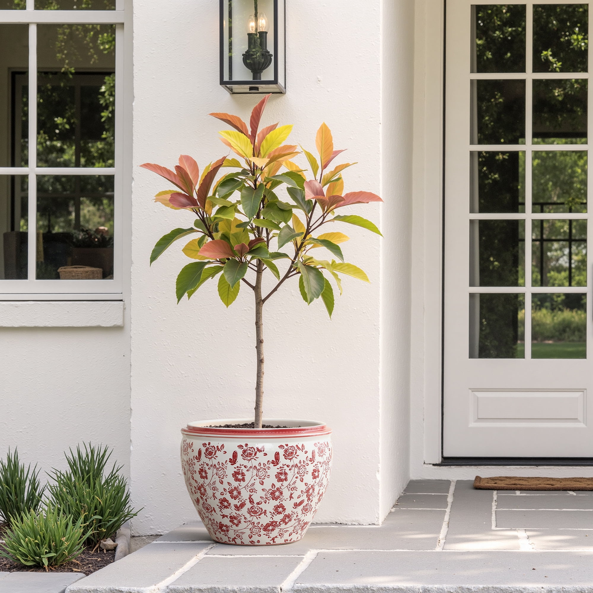 LuxenHome 17" Dia Red and White Round Planter Pot, Large Ceramic Flower Pot with Drainage