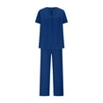 thumbnail image 4 of Fglymey Plus Size Women's Summer Cotton-Linen Set - Loose V-Neck Button Front Top & Drawstring Pants, Solid Color Breathable Casual Homewear Blue XL, 4 of 8