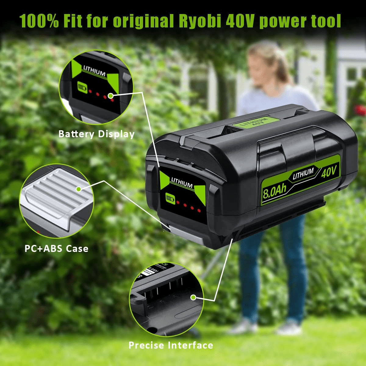 1 Pack 40V 8.0Ah Replacement for Ryobi Battery Compatible with Ryobi Battery 40v Fits for Ryobi 40v Battery 20V OP4060 OP4015 OP4026 OP40201 OP40261 OP4030 OP4040 OP40401 OP4050 OP40501 Fast Charging