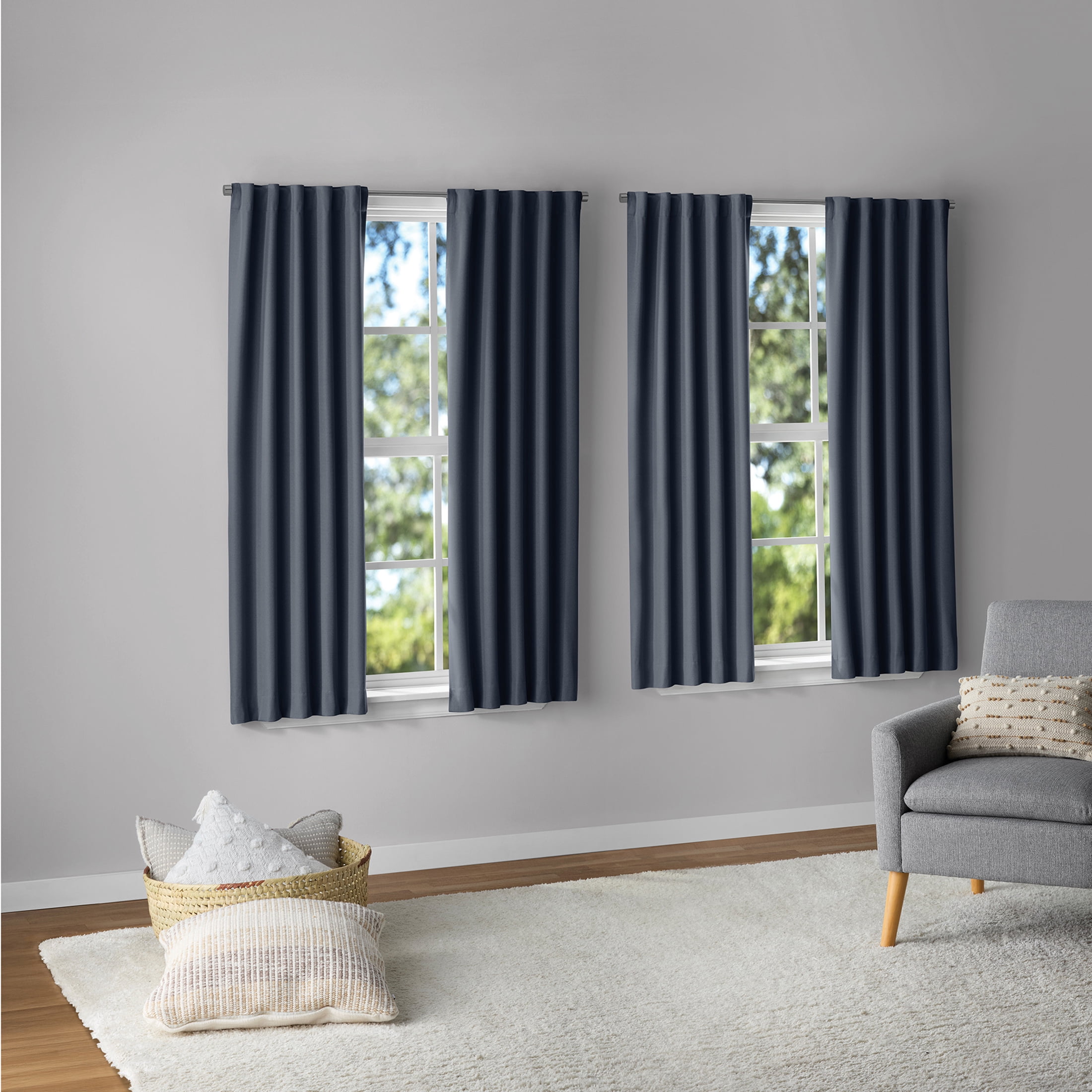 Mainstays Dark Navy 100% Blackout Curtain Panels, Rod Pocket with Back Tabs, 4-Piece Set, 30 in x 63 in