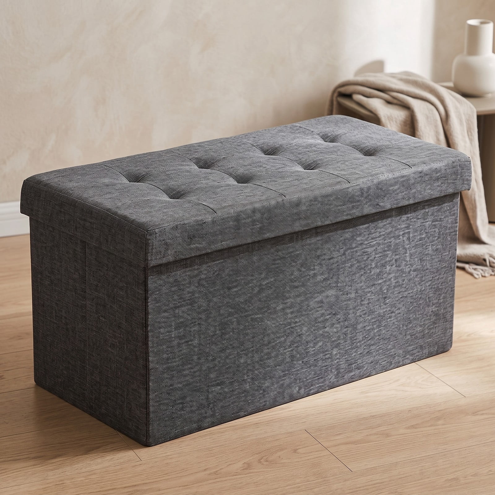 Furnibear 31.5 Inch Foldable Fabric Storage Bench Ottoman with Padded Seat and Removable Hanging Bin for Entryway, Dark Gray