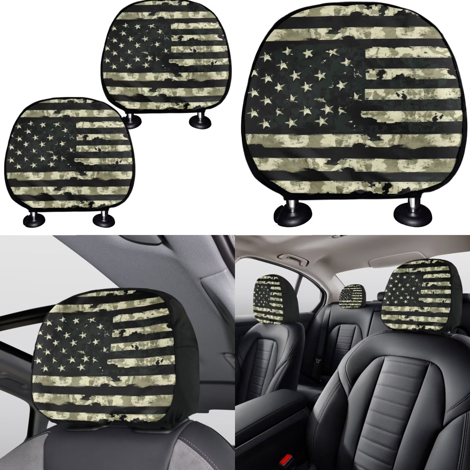 Garronmavis American Flag Comouflage Car Seat Covers Full Set 11 Pcs for Sun Protection with Cars Headrest Protectors+Lanyards Key Ring+Auto Cup Coaster+Handbrake Gear+Shift Knob Cover