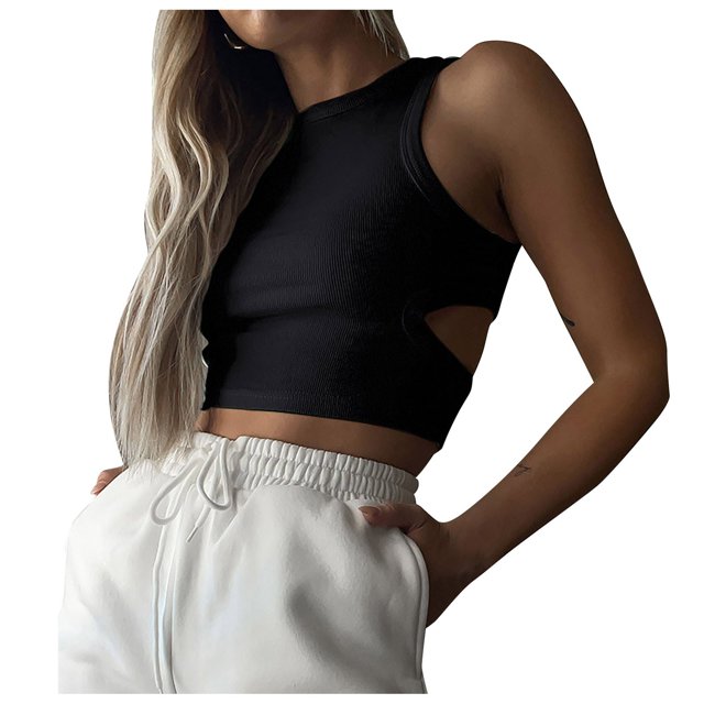 Playeras,Blusas y Tops,Ropa para Mujer Workout Tank Tops Mujer Top de chaleco sexy sin mangas sólido delgado de corte corto para mujer (Black, S)