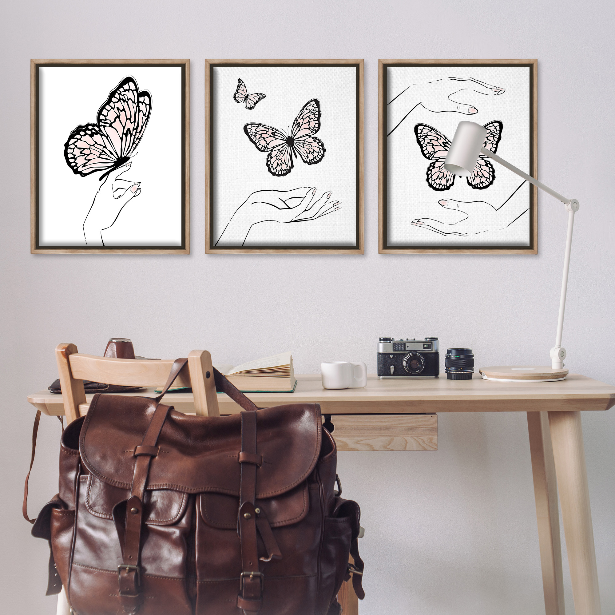 Stupell Industries Hands with Butterflies Animals & Insects Painting Brown Floater Framed Canvas Art Print Wall Art, 25 x 31, Set of 3