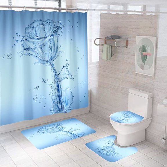 4Pcs Art Blue Splash Printed Shower Curtain Beautiful Wide Fabric Toilet Bath Curtain with Non-Slip Rug, Toilet Lid Cover, Bath Mat and 12 Hooks, Romantic Showy Floral Wedding Decor for Bath
