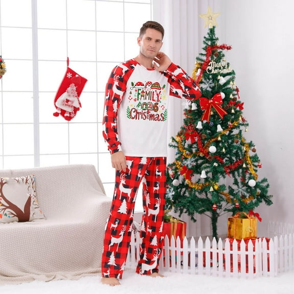 Uaswgudfs Christmas Dad Pajamas Set, Family Matching Reindeer Plaid & "Family 2026 Christmas" Print Long Sleeve Top with Pants, Festive Holiday Sleepwear Loungewear for Men