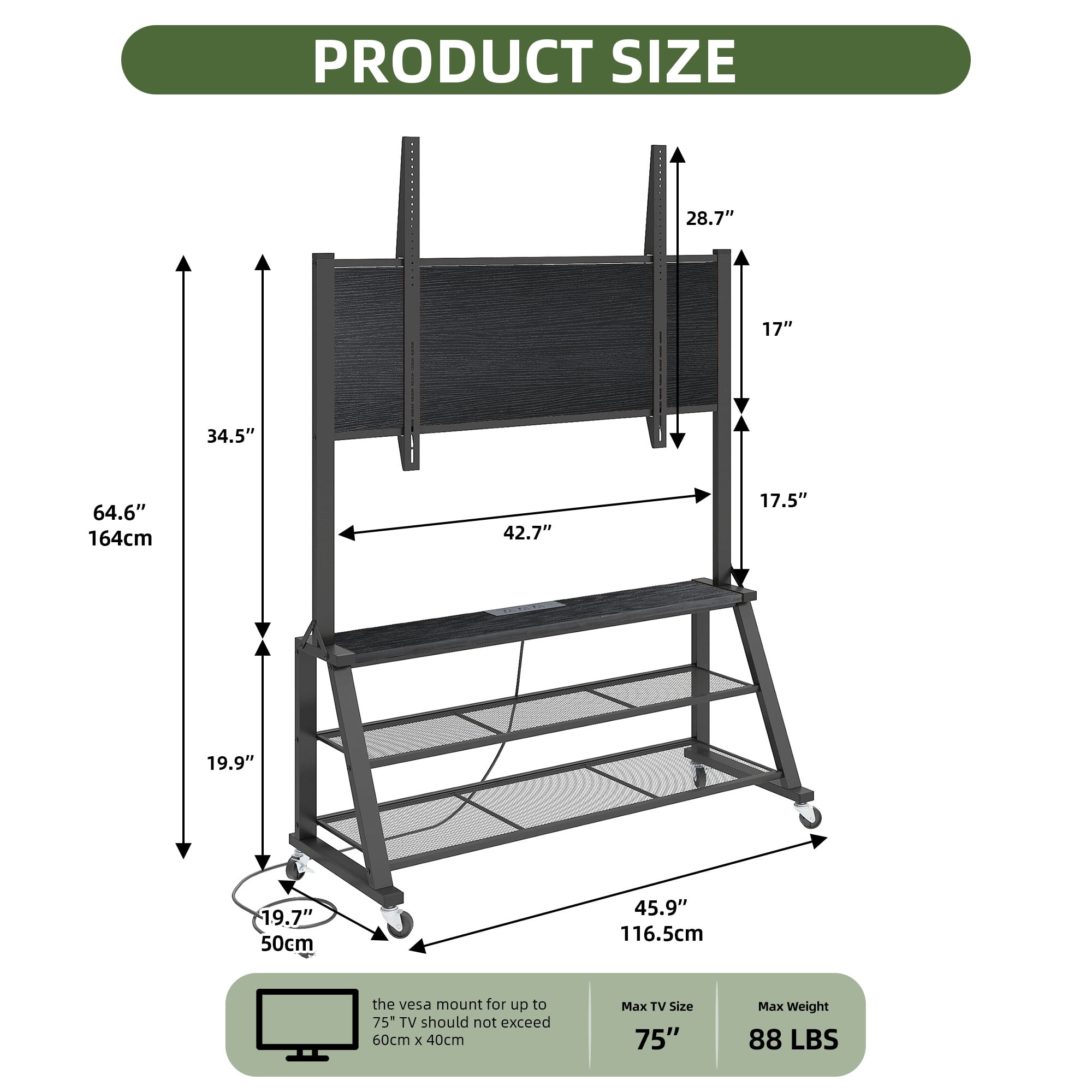 Uforic 46"W Rolling TV Stand with Lockable Wheels & Power Outlets, Mobile Cart for 32-75 Inch TVs, Black Oak