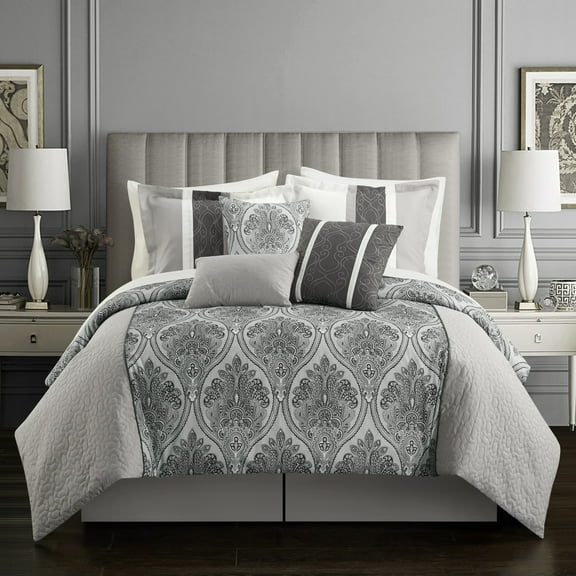 Chic Home Roxette 11-Piece Reversible Geometric Comforter Set, Queen, Gray