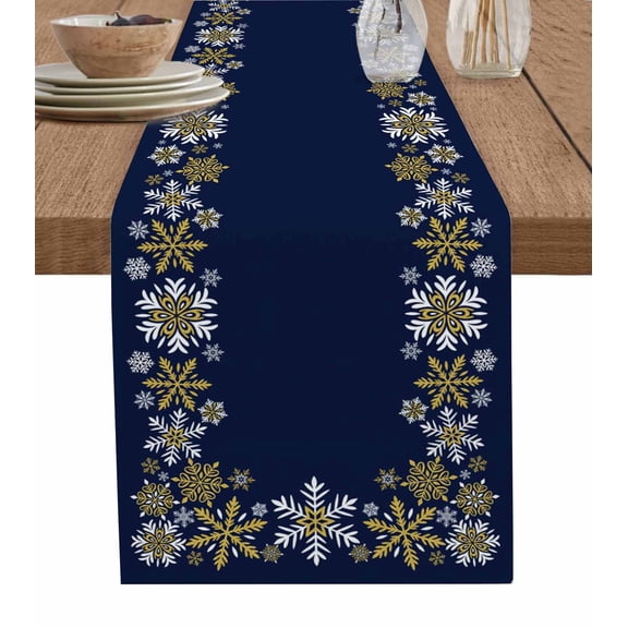 Christmas Blue Table Runner 60 Inches, Xmas Golden Snowflakes Winter Vintage Bed Runner Dresser Scarves Tabletop for Indoor Outdoor Parties/Ceremony/Banquet, 13" x 60"