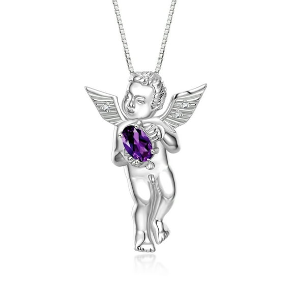 Rylos 14K White Gold Guardian Angel Necklace with 6X4MM Amethyst & Sparkling Diamonds - 18" Chain Exquisite Birthstone Jewelry