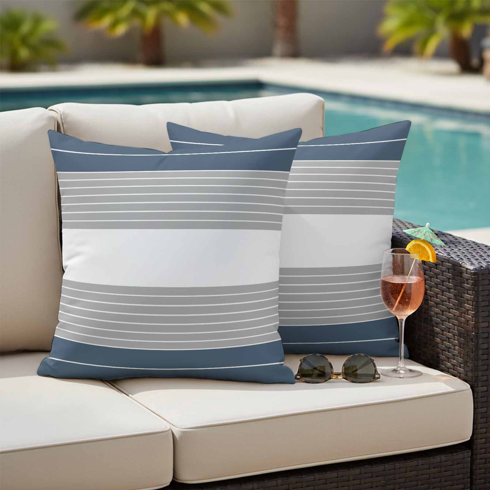Haze Blue Grey Stripe Outdoor Waterproof Pillow Covers, Modern Art Horizontal Striped Decorative Square Throw Pillowcase Sofa Cushion Sham for Patio/Couch/Chair, 18"x18" 2 Pack