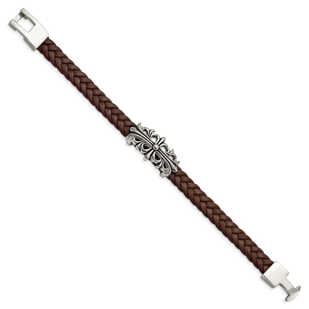 Diamond2Deal Stainless Steel Antiqued and Polished Cross Braided Brown Leather Bracelet for Men 8.5"