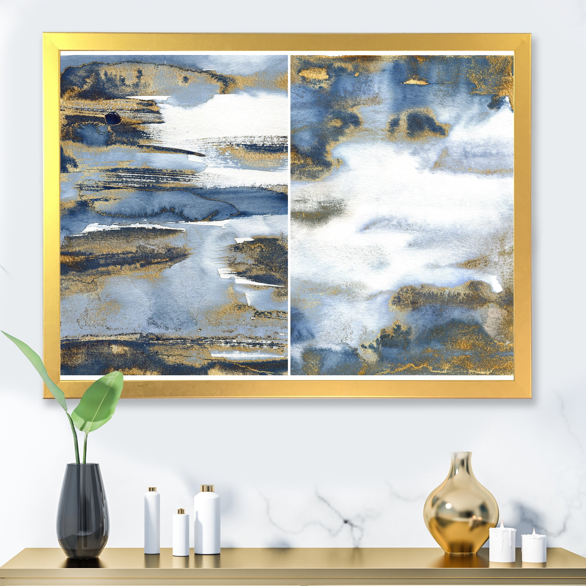 Designart 'Gold and Dark Blue Abstract Waves III' Modern Framed Art Print