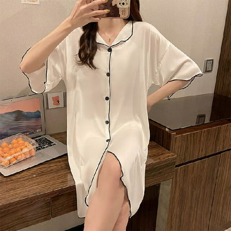 

DanceeMangoo Summer Womens Nightwear White Lingerie Sexy Nightgown Button Satin Night Wear Sleepshirts Night Dress Sleepwear Shirt Pjs