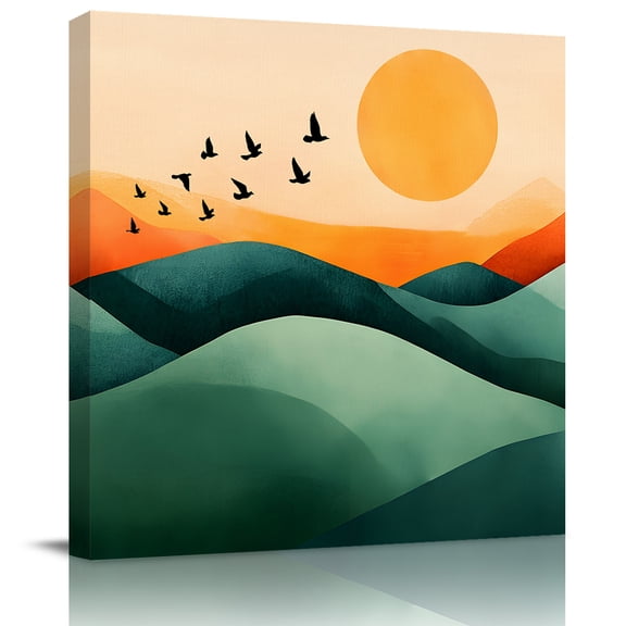 Wall Art Prints, Green Orange Mountain Framed Canvas Prints for Bedroom Living Room Bathroom Office, Sunset Birds Abstract Art Gallery Wrap Wall Art Poster for Gifts Home Decor 8"x8"