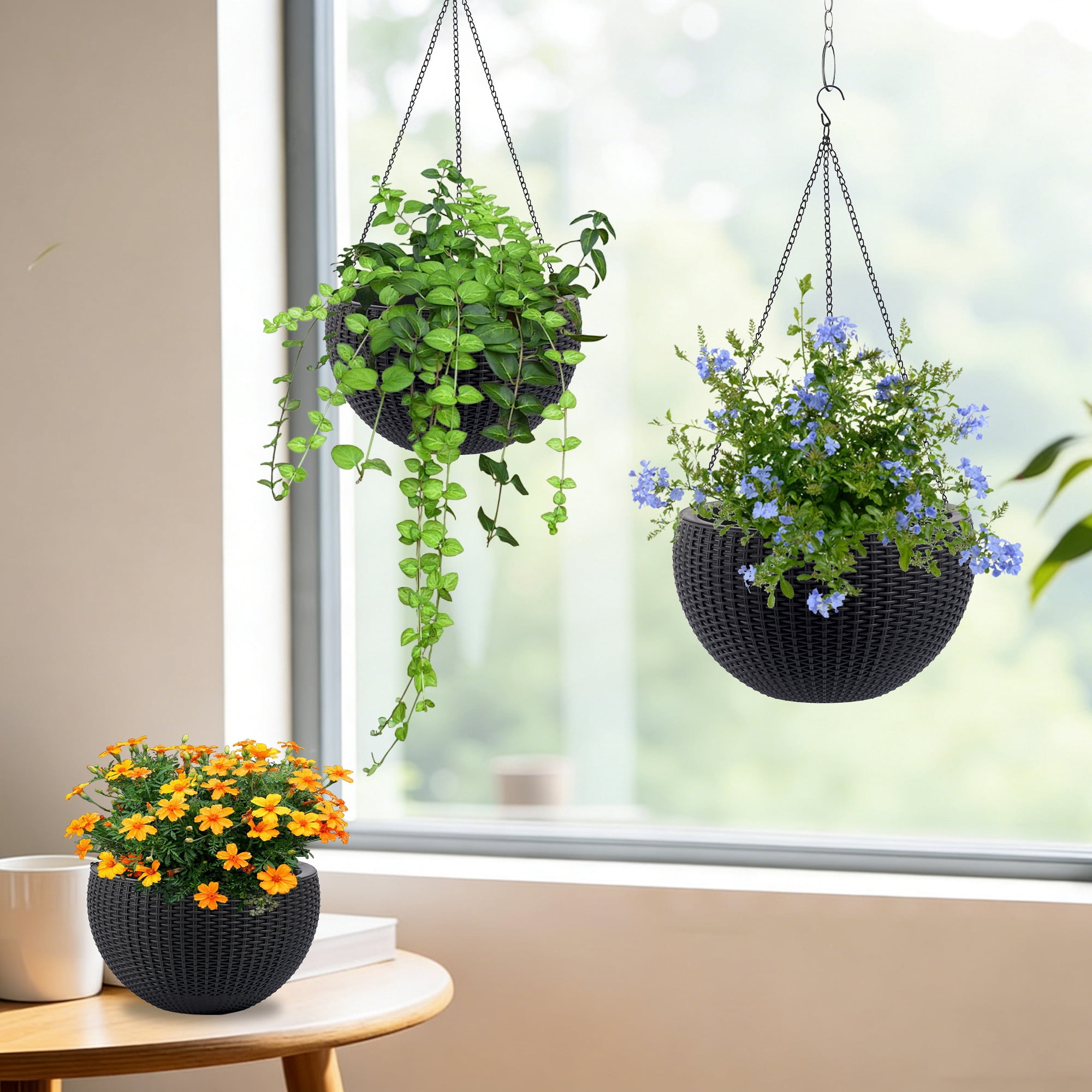 Vigo huseeo 2 Pack Large Self-watering Hanging Planters for Indoor & Outdoor Plants , Resin Rattan Pot for Home, Office and Garden, Black