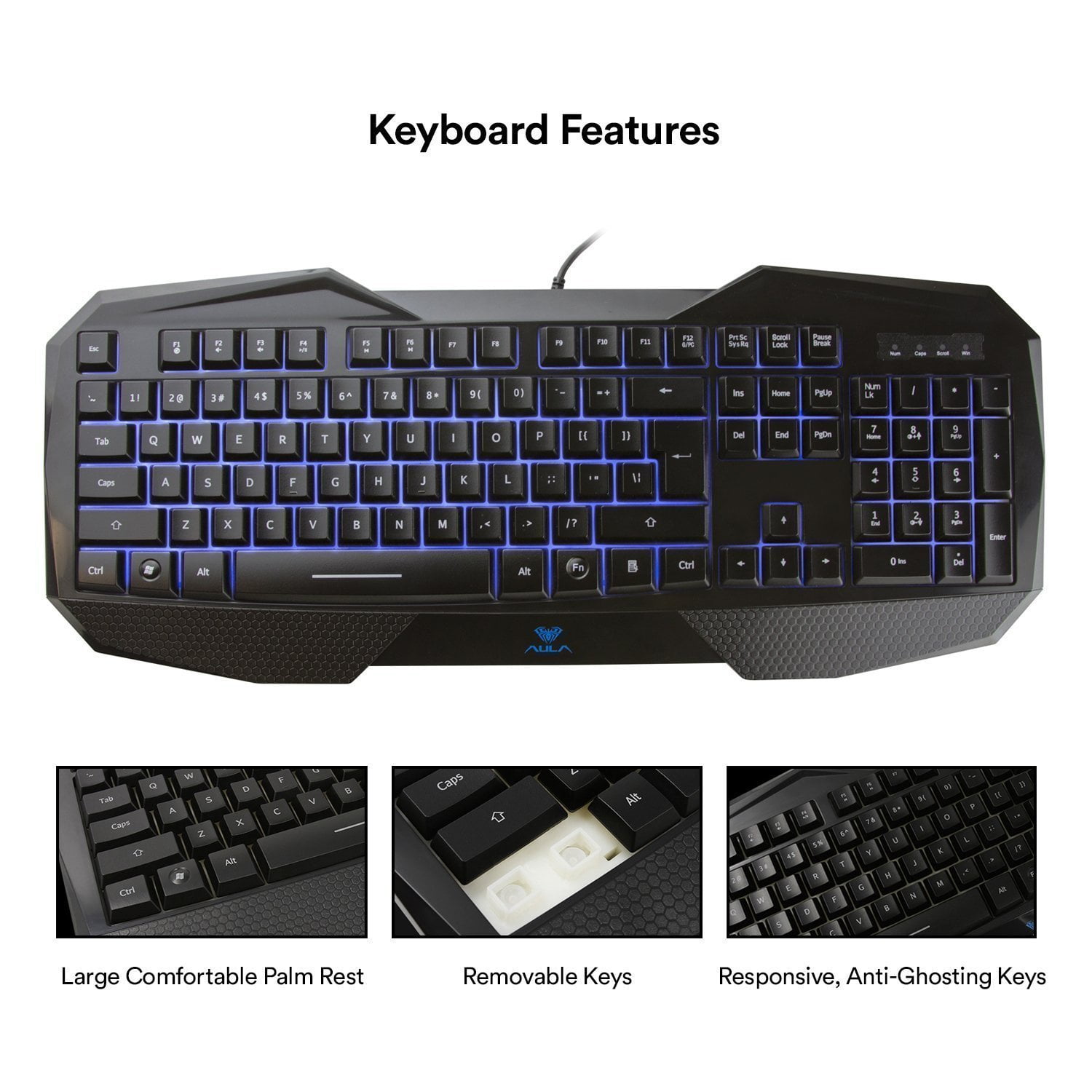 AULA SI-859 Backlit Gaming Keyboard with Adjustable Backlight Purple Red Blue USB Wired Illuminated Computer Keyboard