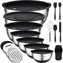 Bestdin 16 Pieces Mixing Bowls with Lids Set, 3 Grater Attachments, Non-Slip Silicone Base Stainless Steel Mixing Bowl Set, Sizes 4.5, 4, 3.5, 2.1, 1.5, 1.1, 0.7 Qt for Kitchen, Black