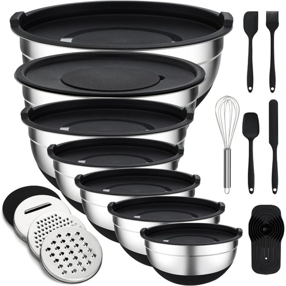Bestdin 16 Pieces Mixing Bowls with Lids Set, 3 Grater Attachments, Non-Slip Silicone Base Stainless Steel Mixing Bowl Set, Sizes 4.5, 4, 3.5, 2.1, 1.5, 1.1, 0.7 Qt for Kitchen, Black