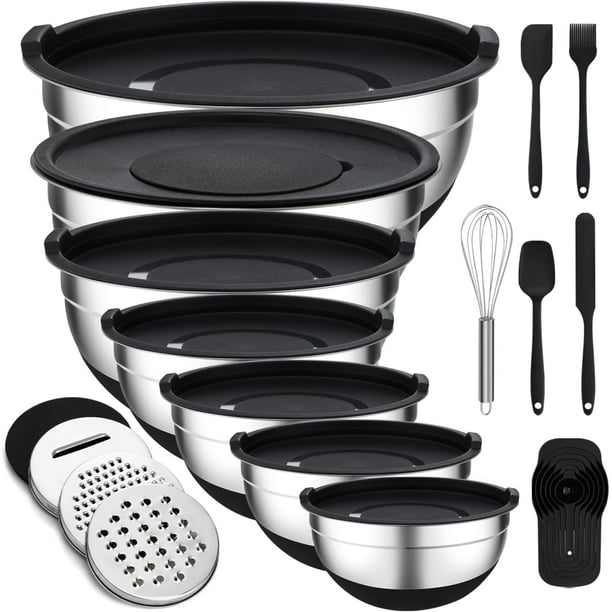 Juego de cuencos para mezclar con tapas, 7 cuencos para mezclar de acero inoxidable con accesorios de 3 ralladores, base de silicona antideslizante para cocina