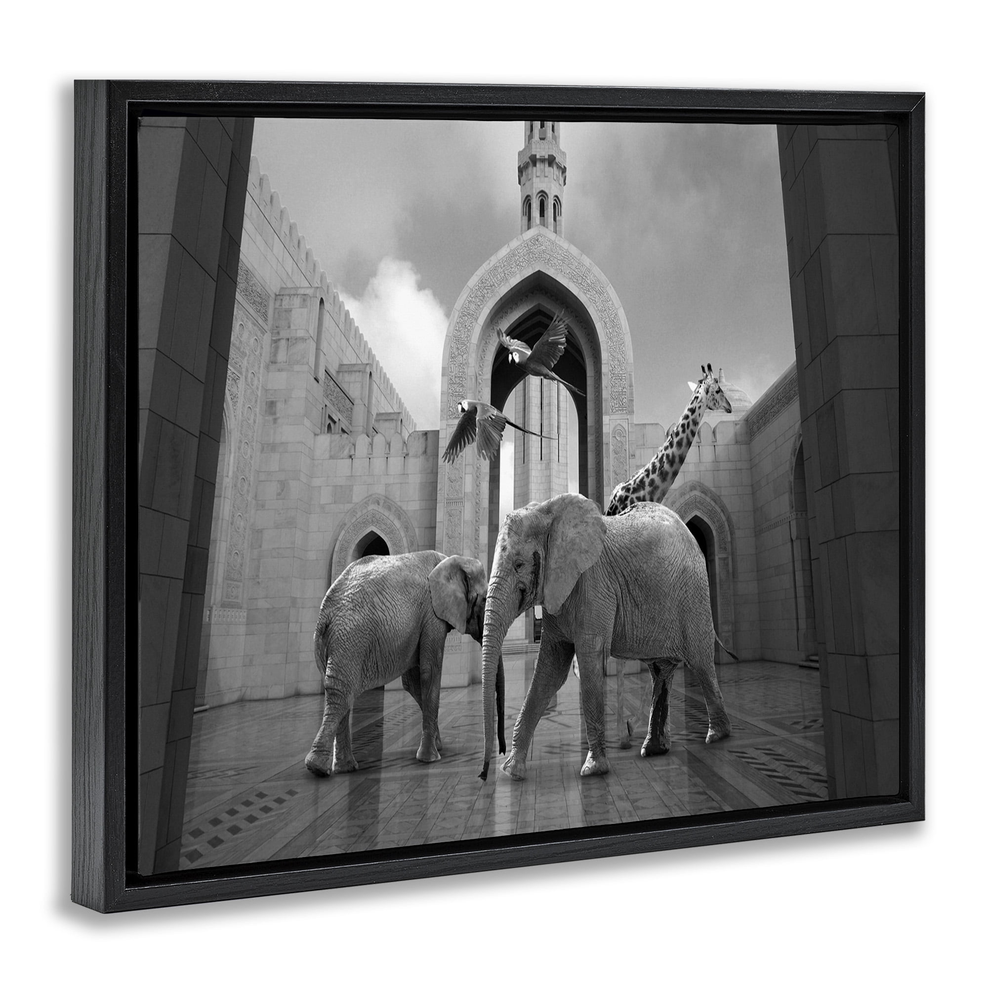 Stupell Industries Animals In Arabesque Architecture Animals & Insects Painting Black Floater Framed Canvas Art Print Wall Art, 31 x 25