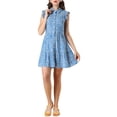 thumbnail image 1 of INSPIRE CHIC Women's Full Placket Above Knee Gathering Print Flare Sleeve Dresses L Blue, 1 of 7