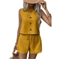 thumbnail image 2 of Womens Summer 2 Piece Linen Sets Sleeveless Button Crew Neck Vest Tops Matching Shorts Set Travel Vacation Casual Outfits,Yellow,M, 2 of 6
