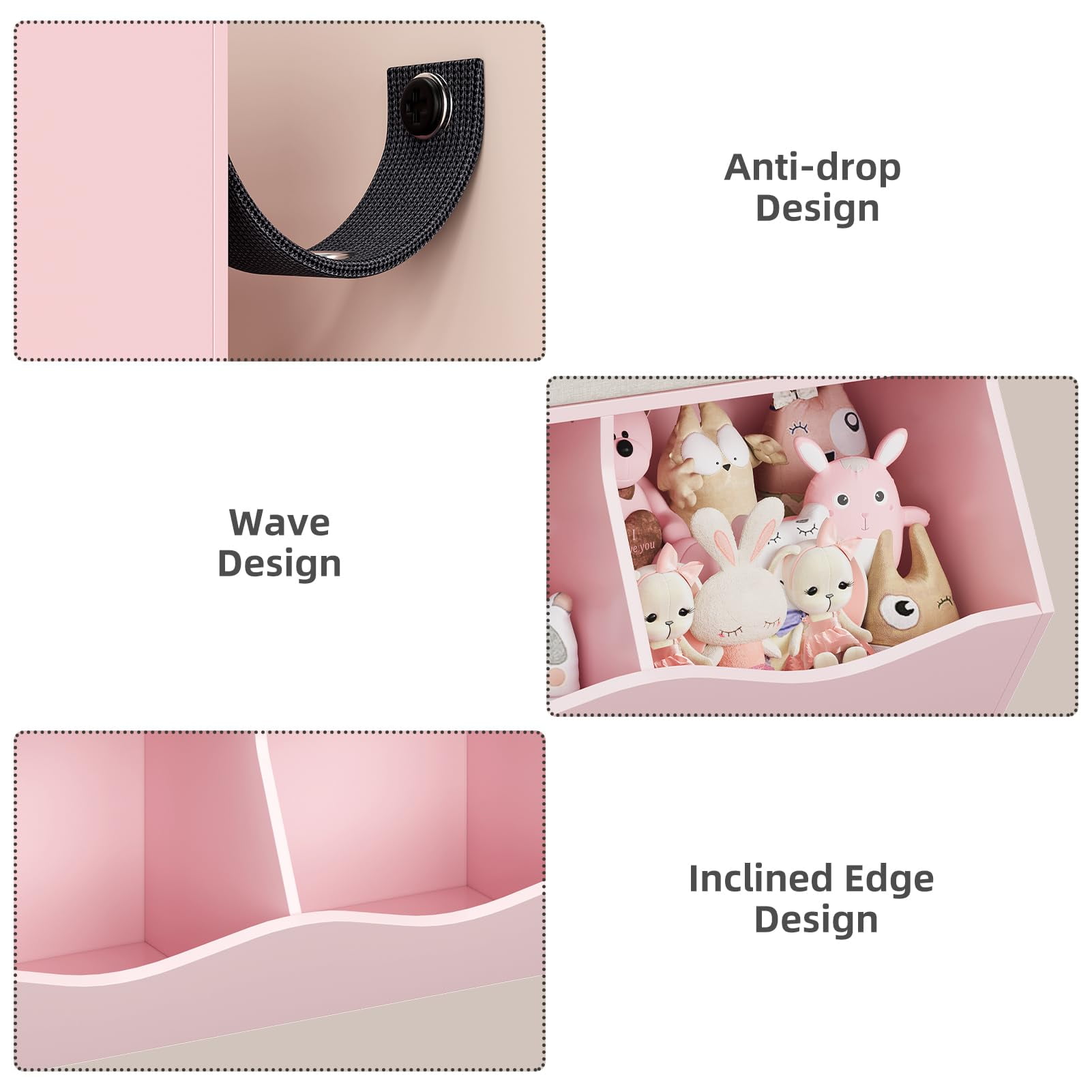 TROPOW Toy Storage Organizer,Kids Bookshelf and Toy Storage Organizer with 3 Movable Drawers, Floor Storage Cabinet Toy Chest with 4 Cubbies, Multifunctional Storage Chest for Nursery,Pink