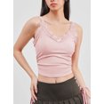 thumbnail image 3 of Women's Cute Ribbed Cami Tops Spaghetti Strap Bow Lace Trim Ruched Slim Fit Crop Tank Tops, 3 of 5